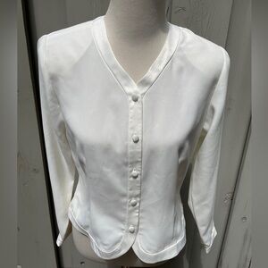 Vintage Pendleton Ivory Satin Strip V-Neck Button Up Blouse Top Polyester Sz 6P